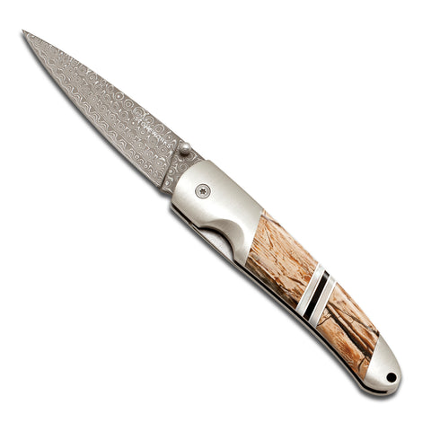 Woolly Mammoth Tusk Damascus Steel 4" Linerlock w/ pocket clip