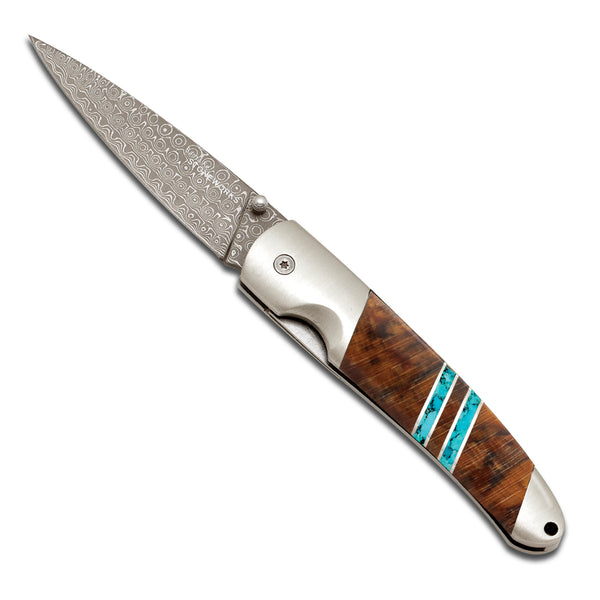 Damascus Collection Spalted Beech 4" Liner Lock Knife with Clip