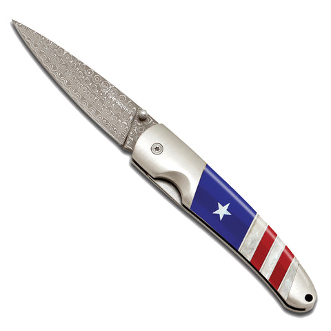 4" Liner Lock - Raindrop Damascus - USA Patriotic Collection-Double Sided